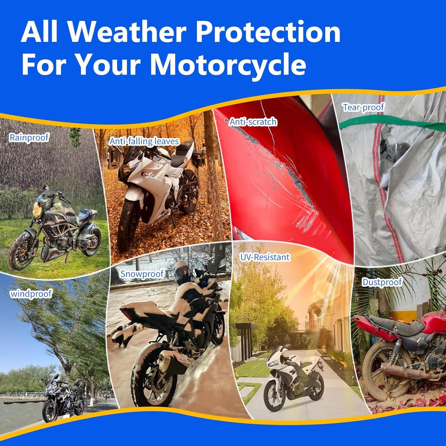 Motorcycle Cover, 600D Heavy Duty Waterproof Motorbike Cover,Dustproof Motorcycles Vehicle Cover Scooter Shelter Protection with Reflective Strips & Storage Bag 105" x 41" x 50"