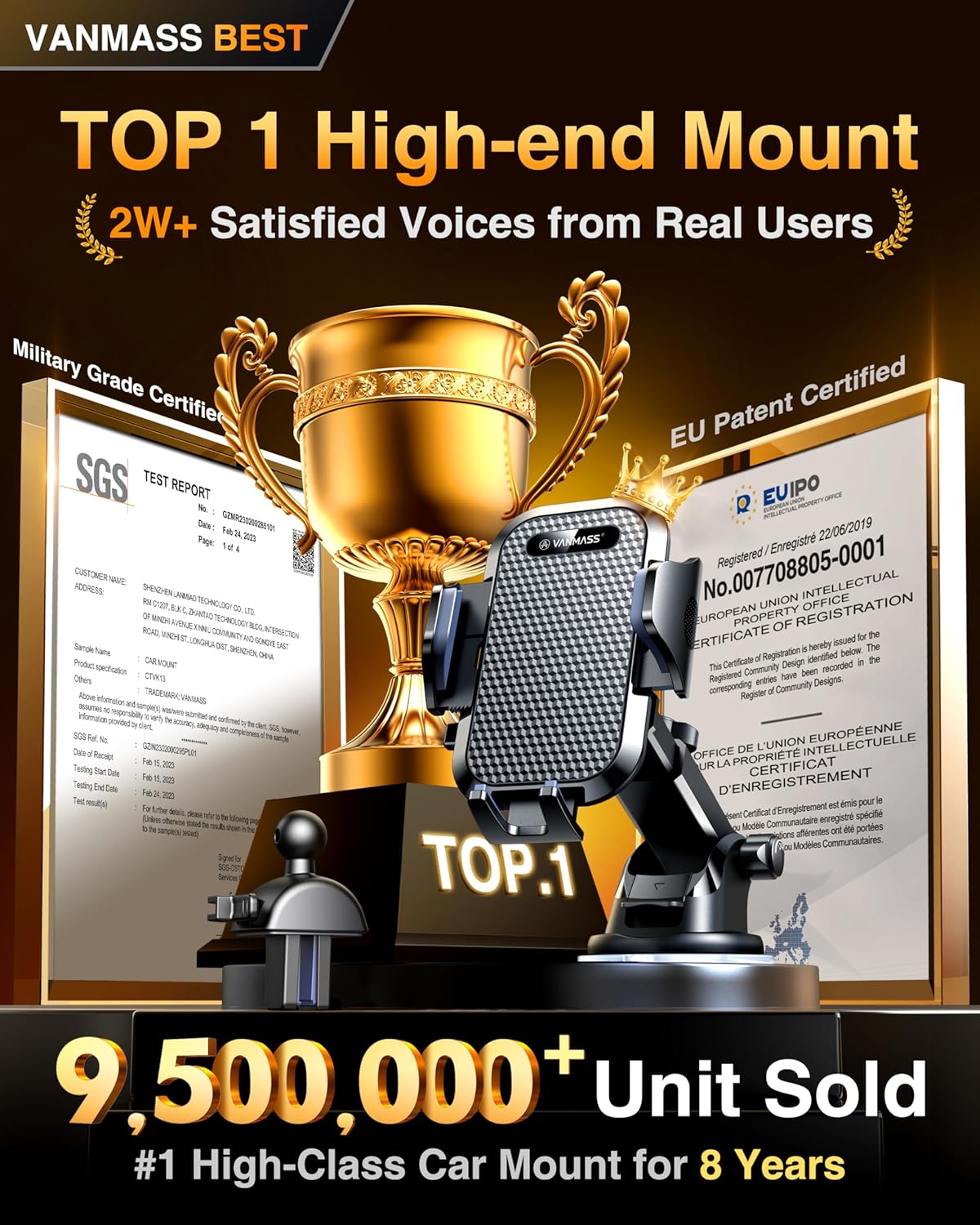 VANMASS Car Phone Holder 2025 Military-Grade Phone Holder for Your Car Windshield Dashboard【 65 Lbs Strongest Suction】【Patent & Safety Certs】 Universal Cell Phone Car Mount for iPhone Samsung Android