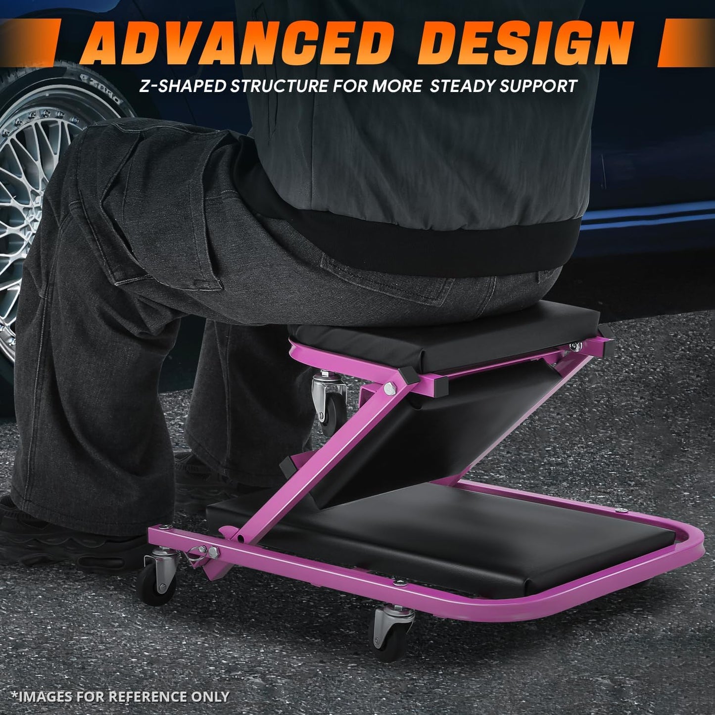 DNA MOTORING 40 Inches Folding 2 in 1 Rolling Z Creeper, Adjustable Roller Garage Chair Lay Down or Sit, 6 Pcs 2" Casters, 150kg Weight Capacity, Purple, TOOLS-00187-PR