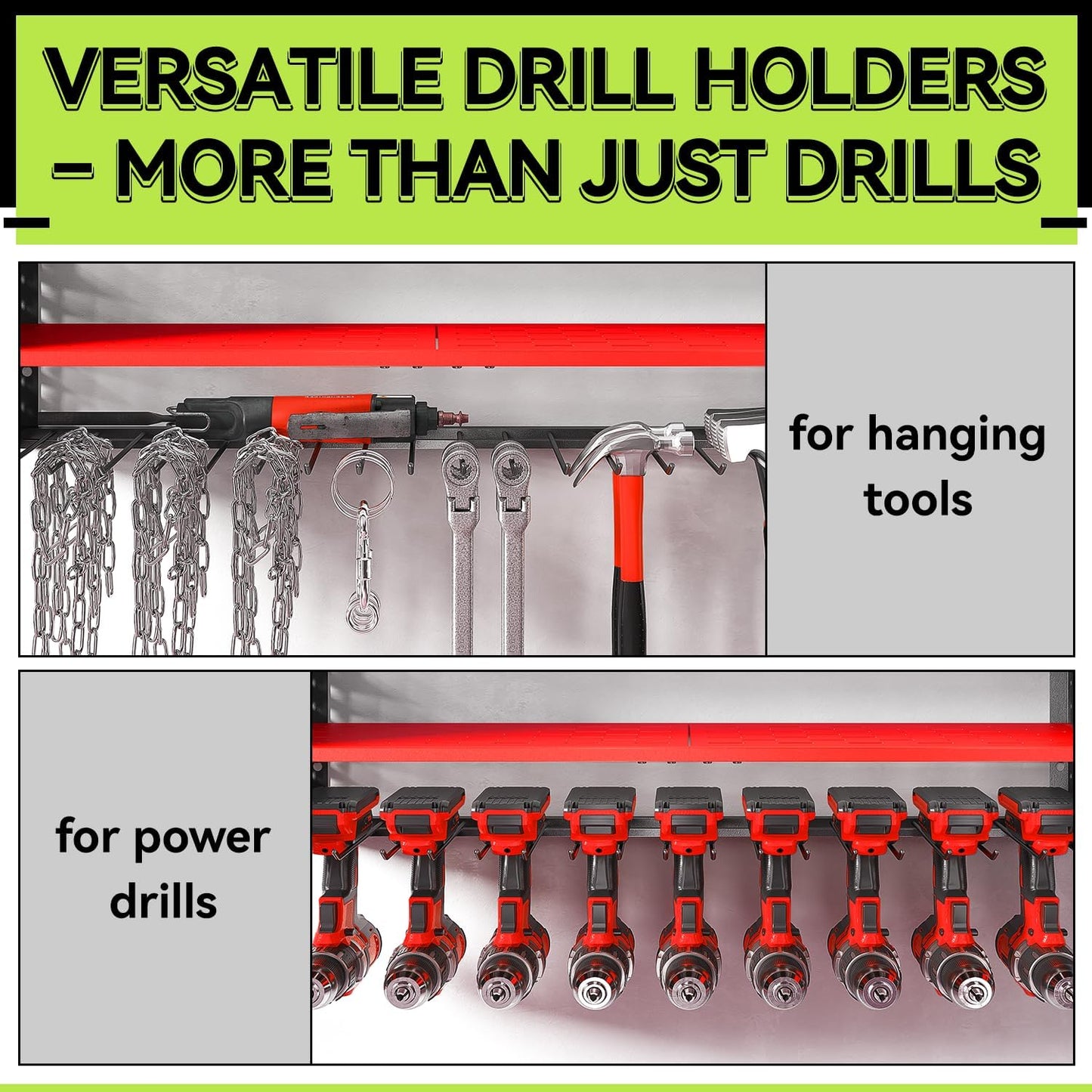 KAFAHOM Power Tool Organizer with Charging Station,9 Drill Holder Wall Mount,4 Layer Heavy Duty Metal Cordless Drill Storage for Garage Organization,Battery Tool Rack Built in 7 Outlet Power Strip Red