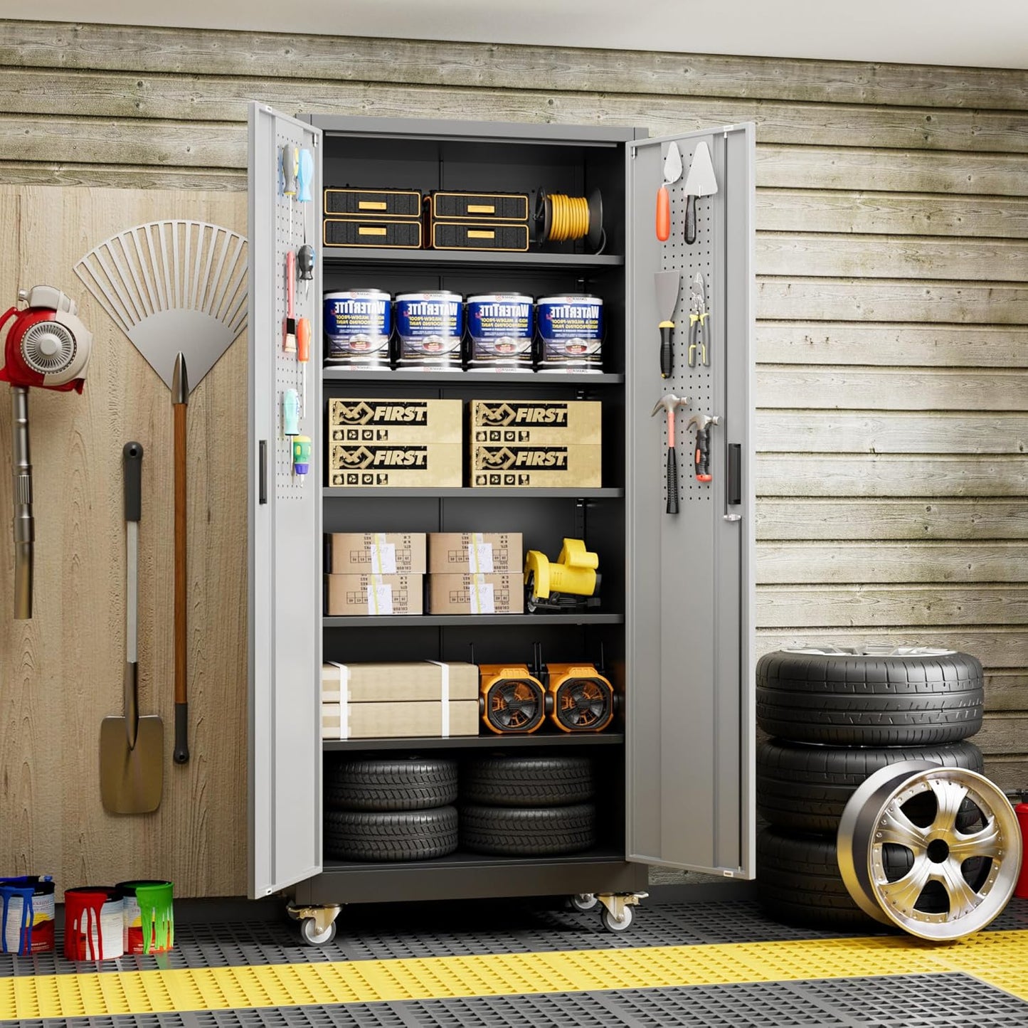 Garage Storage Cabinet with Pegboard and 5 Adjustable Shelves, 71'' x 32'' x 16''Metal Lockable Cabinet with Magnetic Doors,Tool Storage,Home Office Garage,Gym,School (Black-Grey)