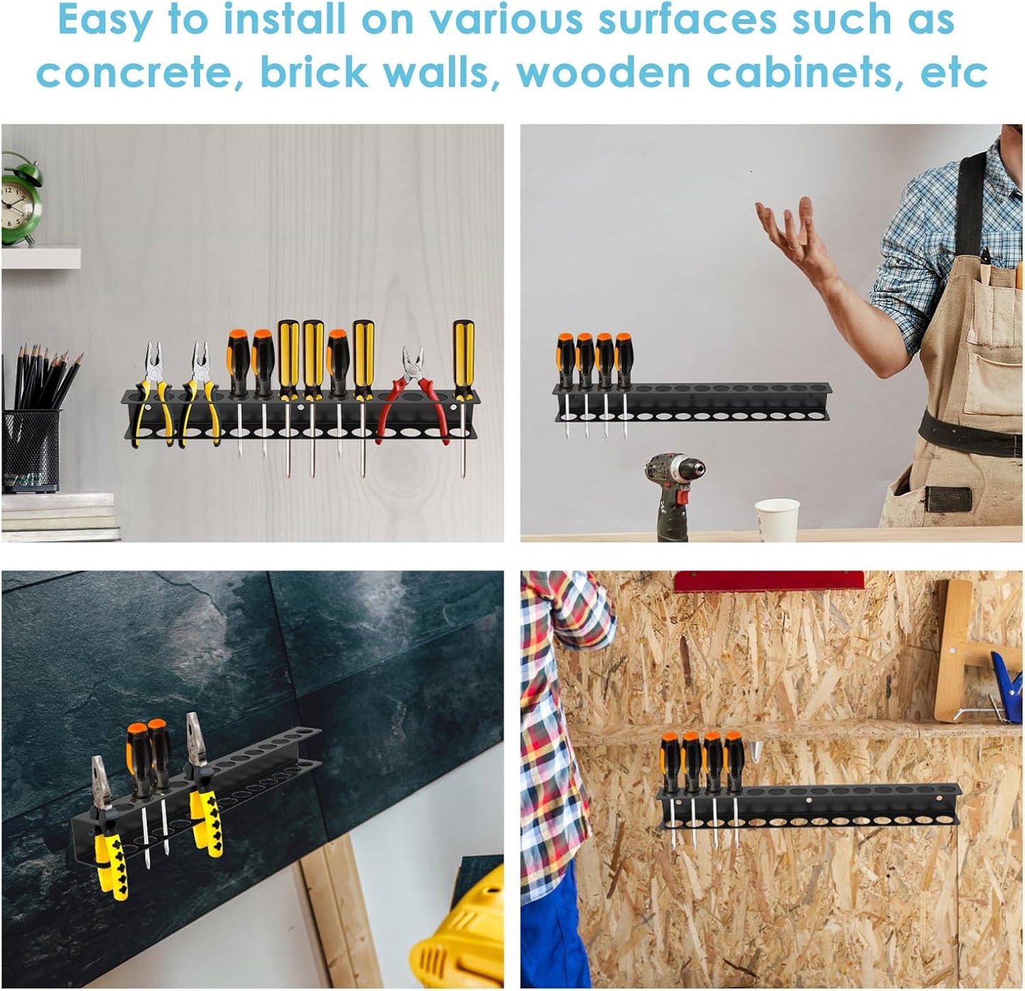 Screwdriver Organizer Wall Mount with 14 Holes, Metal Plier Holder, Utility Tool Holder Organizers and Storage Rack for Garage, Workshop,Workbench,Tool Chest Cart