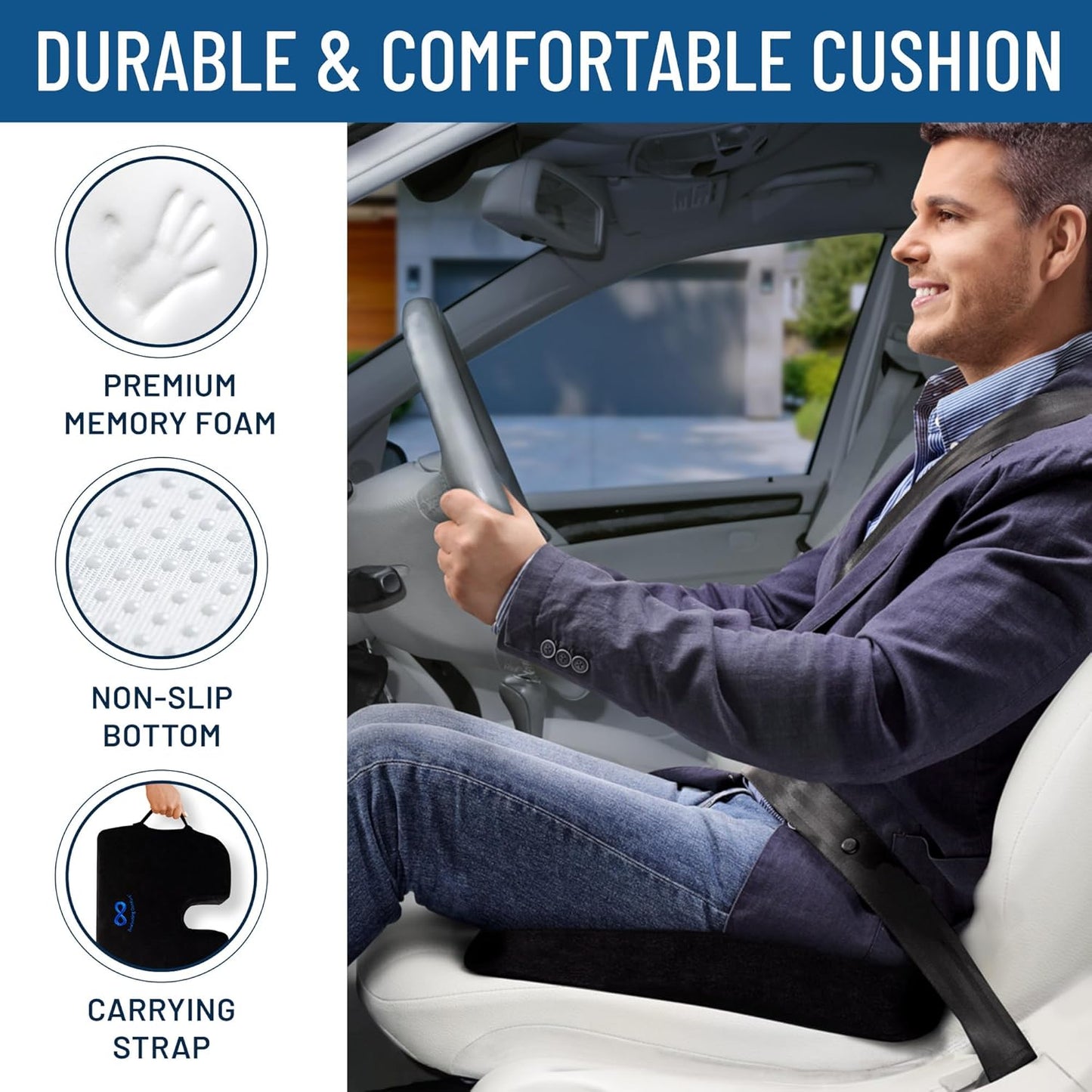 Everlasting Comfort Car Seat Cushion for Driving - Wedge Car Cushion for Office, Travel, Gaming Chair - Memory Foam Booster Seat - Non-Slip, Washable Cover