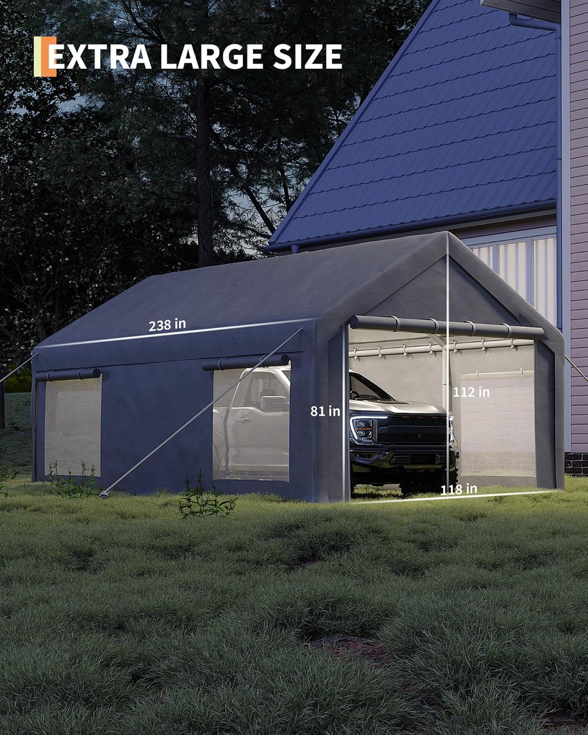 10x20 Ft Carport, Car Port with 200g PE Tarp, Roll-Up Doors, and 4 Windows, for Sedans, Bass Boats, Motos, ATVs, and SUVs, Gray