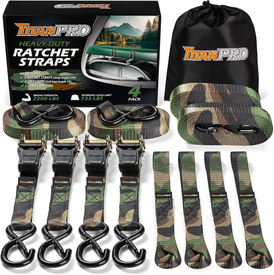 TitanPro Heavy Duty Ratchet Straps 4-Pack - 2,200lb Break Strength, 1" x 15' Rachet Tie Downs with Padded Handles - Heavy Duty, Truck, Motorcycle, Moving Straps (Camo)