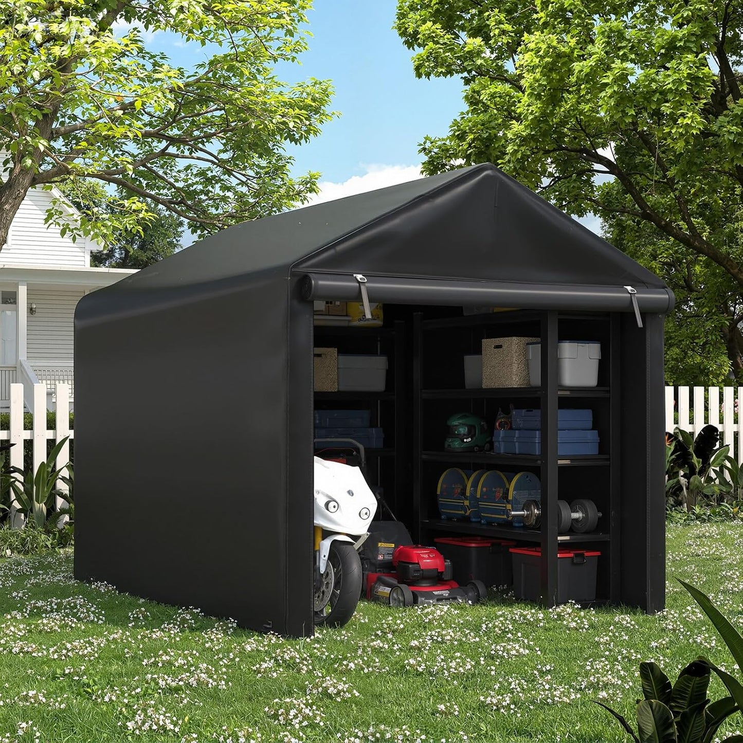 EROMMY 5x7 FT Carport Storage Shed, Heavy Duty Outdoor Storage Shed with Rolled up Zipper Door, Carport Canopy for Motorcycles, Bikes and Outdoor Tools