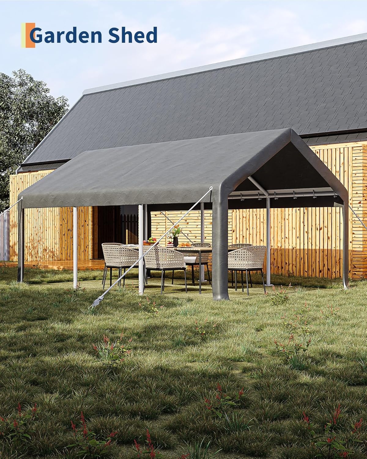 10x20 Ft Carport, Car Port with 200g PE Tarp, Roll-Up Doors, and 4 Windows, for Sedans, Bass Boats, Motos, ATVs, and SUVs, Light Gray