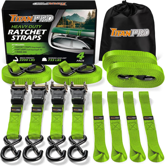 TitanPro Heavy Duty Ratchet Straps 4-Pack - 2,200lb Break Strength, 1" x 15' Rachet Tie Downs with Padded Handles - Heavy Duty, Truck, Motorcycle, Moving Straps (Green)