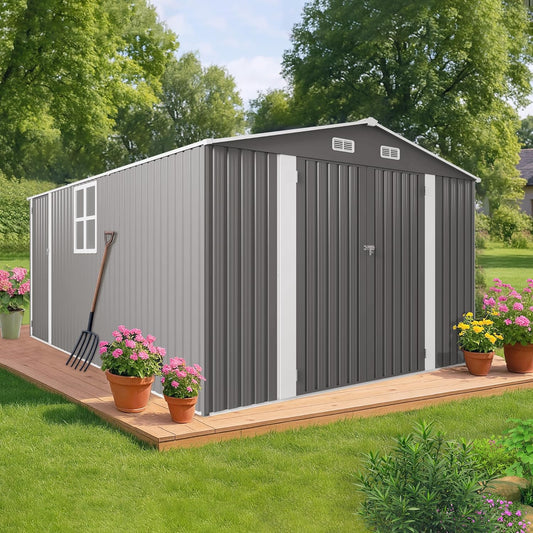 10 x 14 FT Large Outdoor Storage Shed w/ 2 Windows, Heavy Duty Metal Garden Sheds with 3 Lockable Door & Air Vents, Waterproof Tool House for Bicycles, Tools, Backyards, Patios, Lawns, Gray