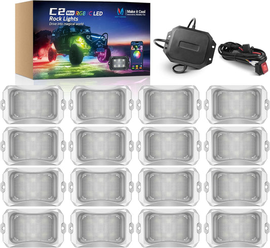MICTUNING C2 MAX RGB+IC LED Rock Light with White Housing - 16 Pods Chasing Color Underglow Lights Kit, Dynamic Lighting Modes, APP Control, IP68 Waterproof, DIY Effect, Up to 24pods Extensible