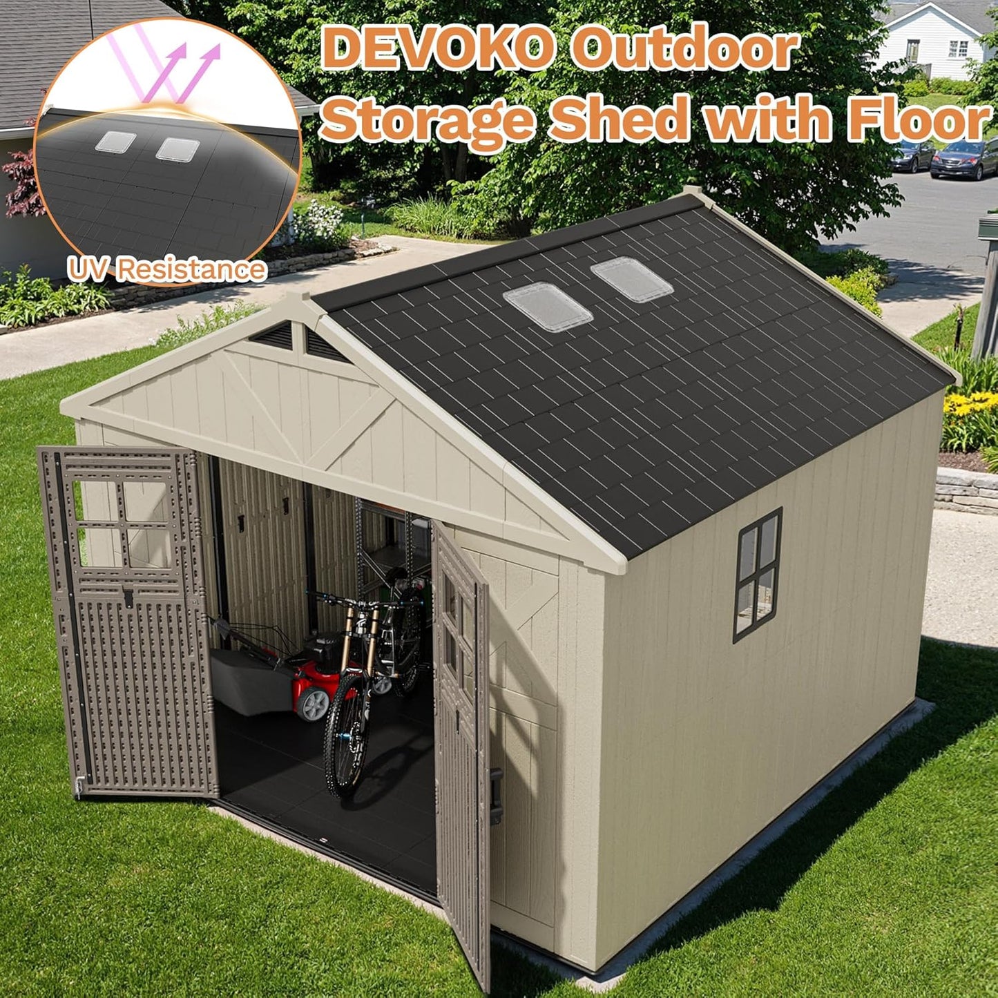 Devoko 10 x 10 FT Plastic Outdoor Storage Shed with Windows, Resin Tools Shed with Floor Large Storage Garden Shed for Patio,Garden, Backyard, Lawn, Beige