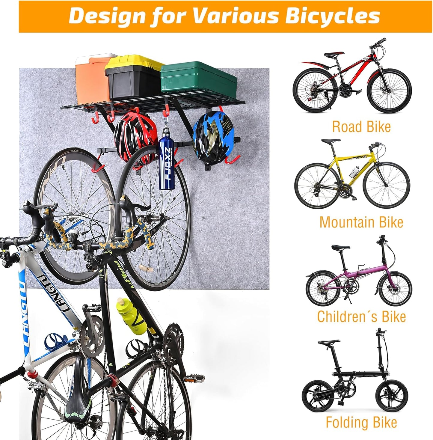 PLKOW Garage Wall Shelving, Wall Mount Bike Storage Rack with 8 Adjustable Bike Hooks, Heavy-Duty Bike Rack for Garage, 280 Lbs Load Capacity, 2-Pack