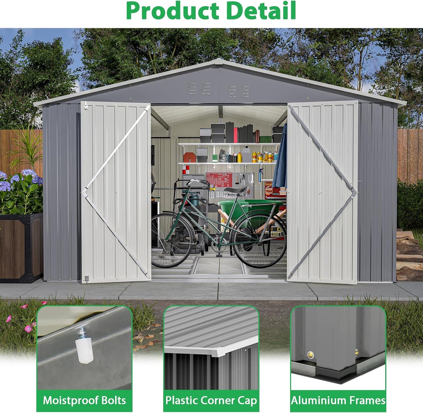 11x13ft Outdoor Metal Storage Shed,Steel Utility Tool Shed Storage House with Double Lockable Doors & Air Vent for Backyard Garden Patio Lawn Gray