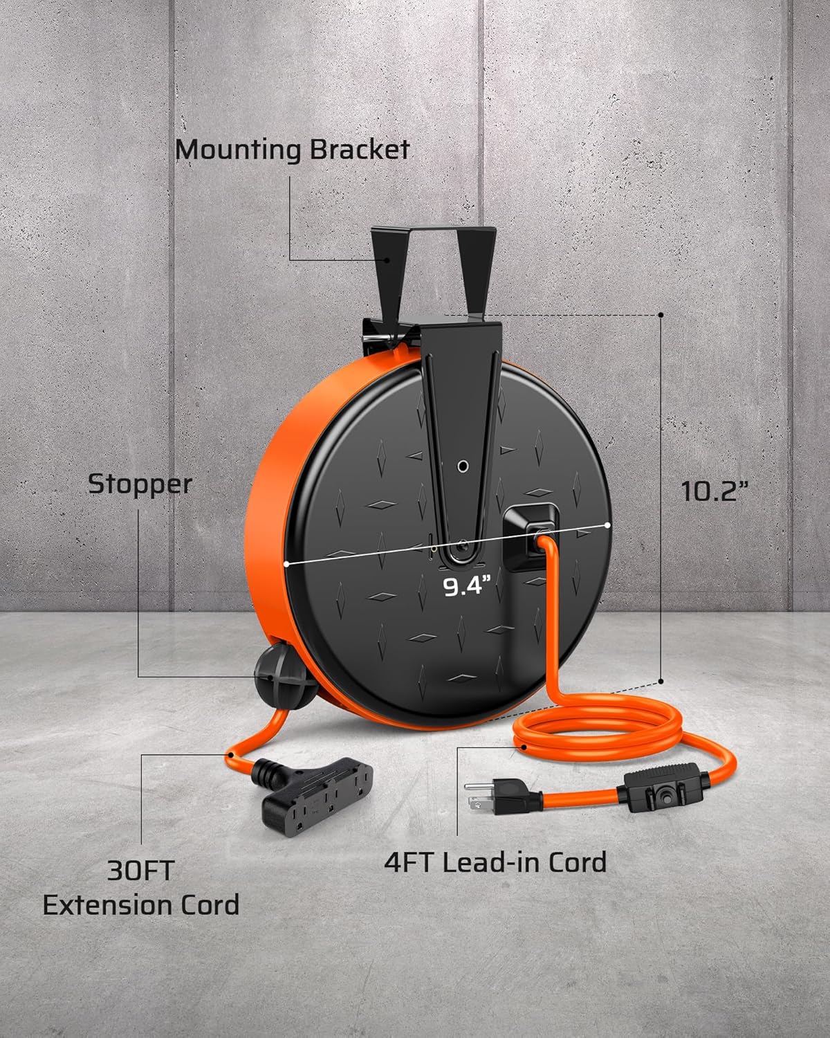 DEWENWILS 30FT Extension Cord Reel, 16/3 Gauge SJTW Power Cord, Retractable Cord Reel with 3 Outlets, Ceiling/Wall Mount for Garage, Workshop, 10A Circuit Breaker, Metal Plate, UL Listed, Orange