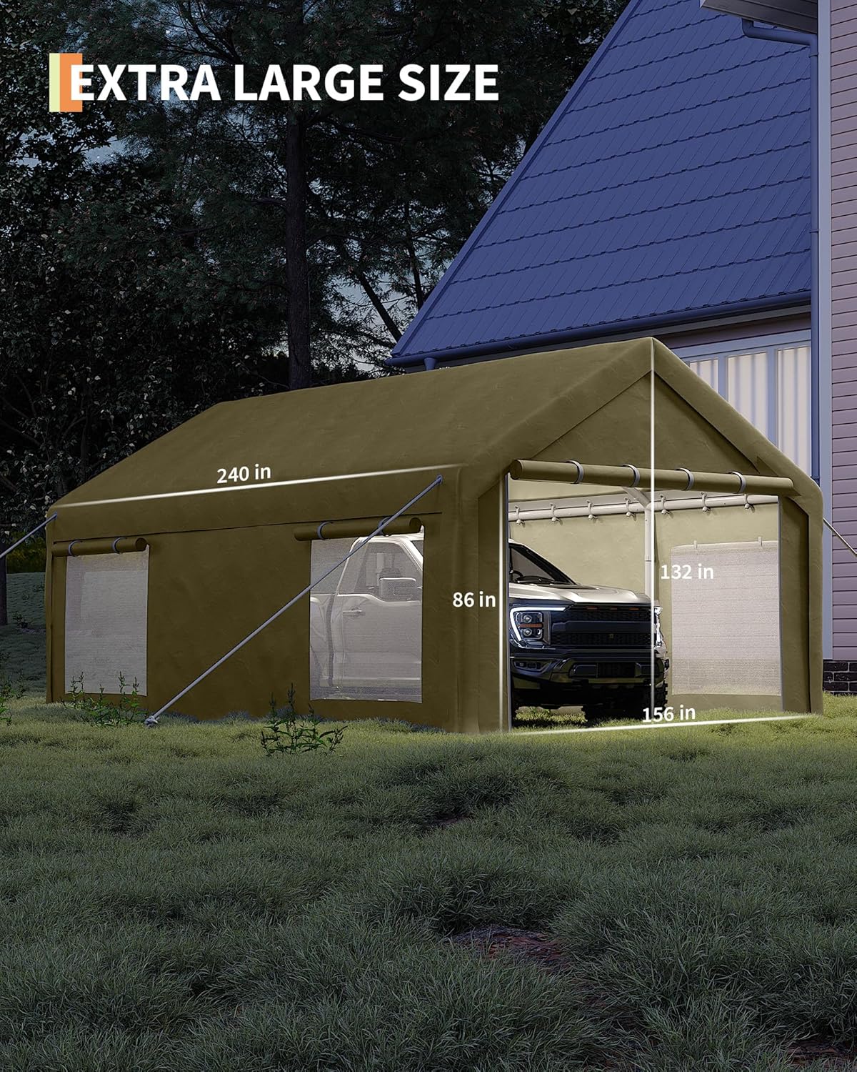 13x20 Ft Carport with 8 Sandbags, Car Port with 220g PE Tarp, 2 Roll-Up Doors, and 4 Windows, for Full-Size Pickups, Bass Boats, Tractors, and SUVs, Khaki