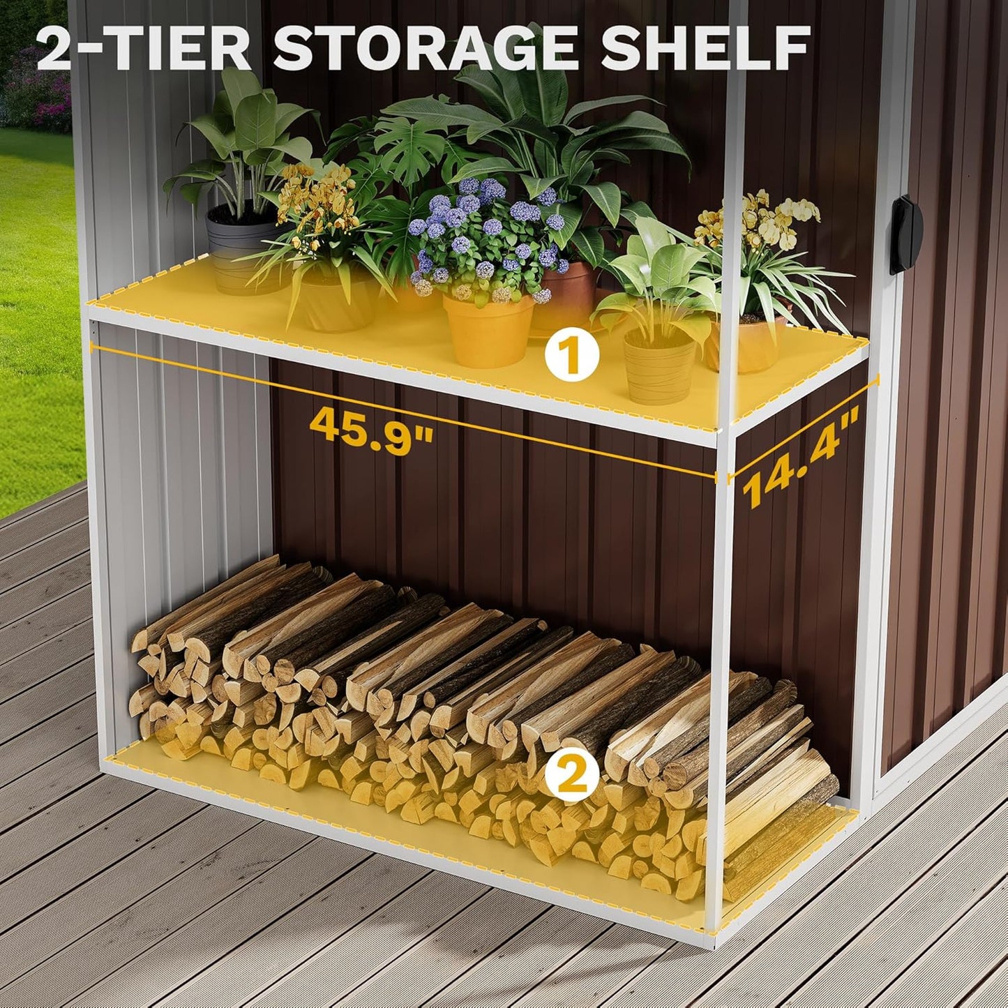 DWVO Outdoor Storage Shed 8x4FT with Rack, Metal Garden Shed with Storage Shelves, Bike Storage Tool Cabinet Box for Lawn Backyard Patio Use, Brown