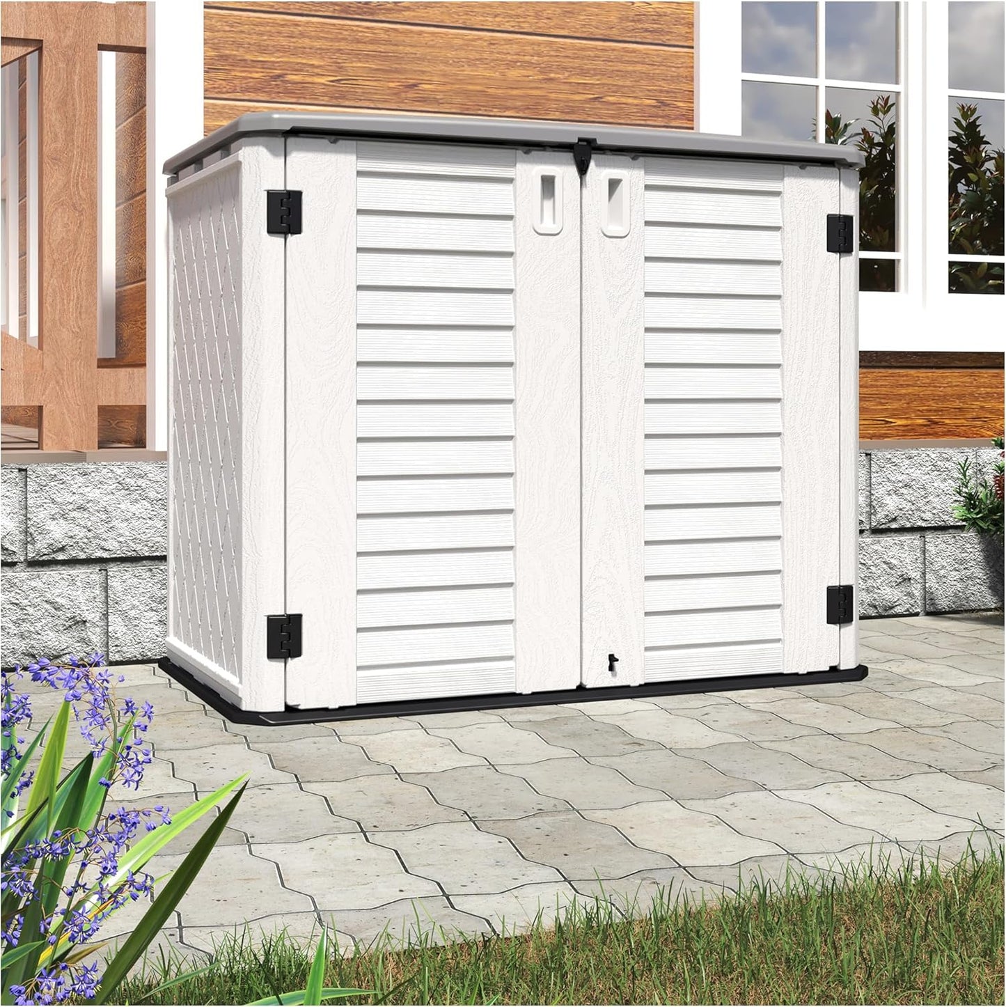HOMSPARK Storage Shed Weather Resistance, Multi-Purpose Outdoor Storage Cabinet for Backyards and Patios, 26 Cu.ft Capacity Horizontal Storage Shed for Bike, Lawnmower, Trash Cans, Patio Accessories