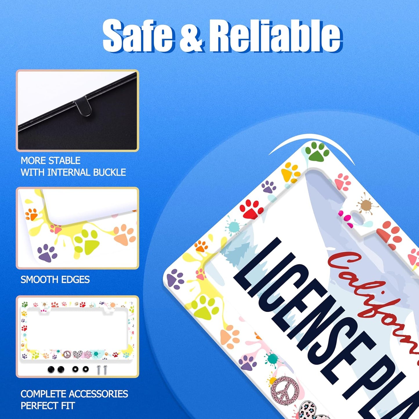 Dog Cat Paw License Plate Frame Colorful Paws License Plate Stainless Steel Funny License Plate Holder for Men Women Universal Animals Car Accessories Decoration 12.3" x 6.3"
