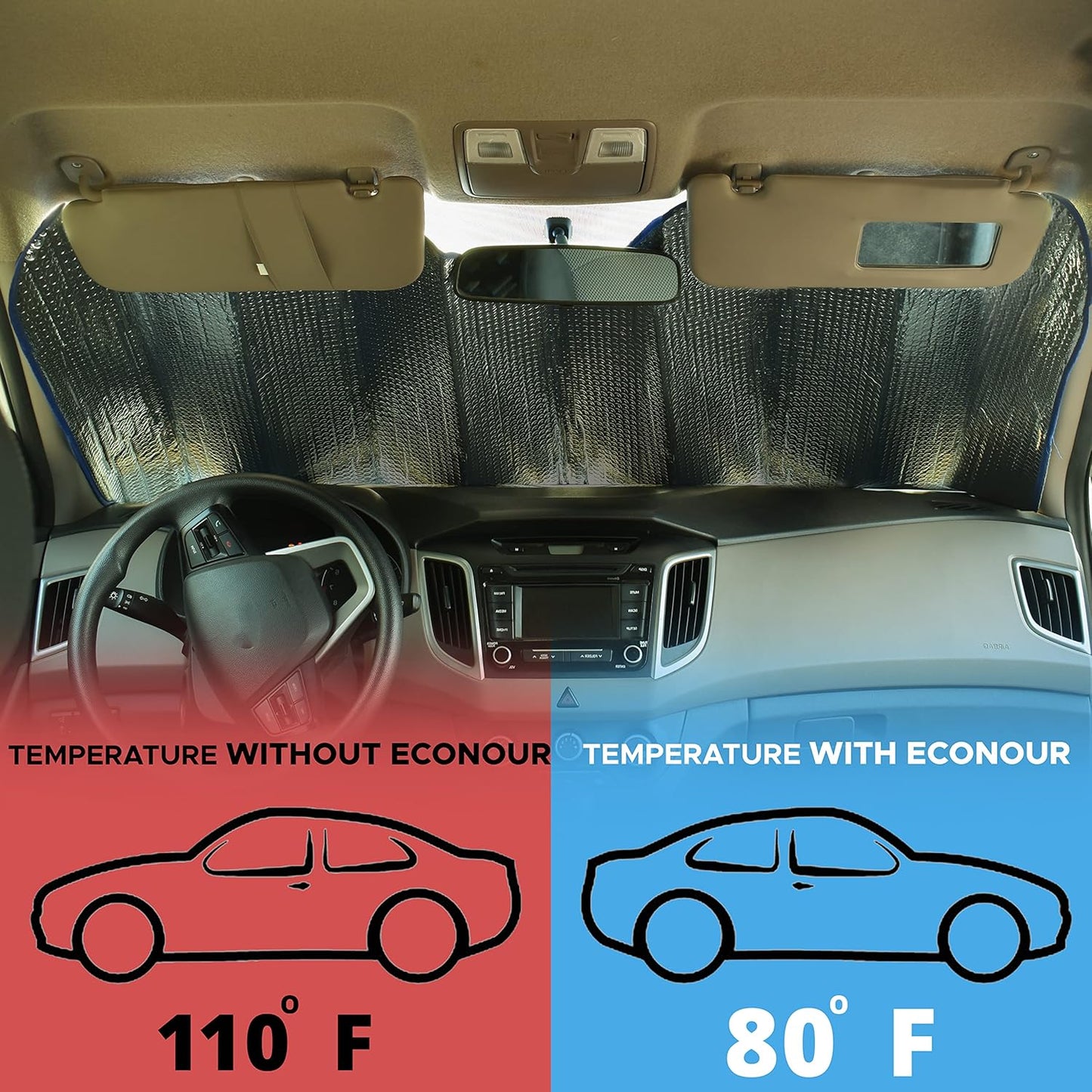 EcoNour Accordion Car Windshield Sun Shade (Blue) | Reflective Car Window Shades for Front Window | Sun Visor Blocks Heat & UV Rays | Controls Interior Temperature | 58 x 28 Inches