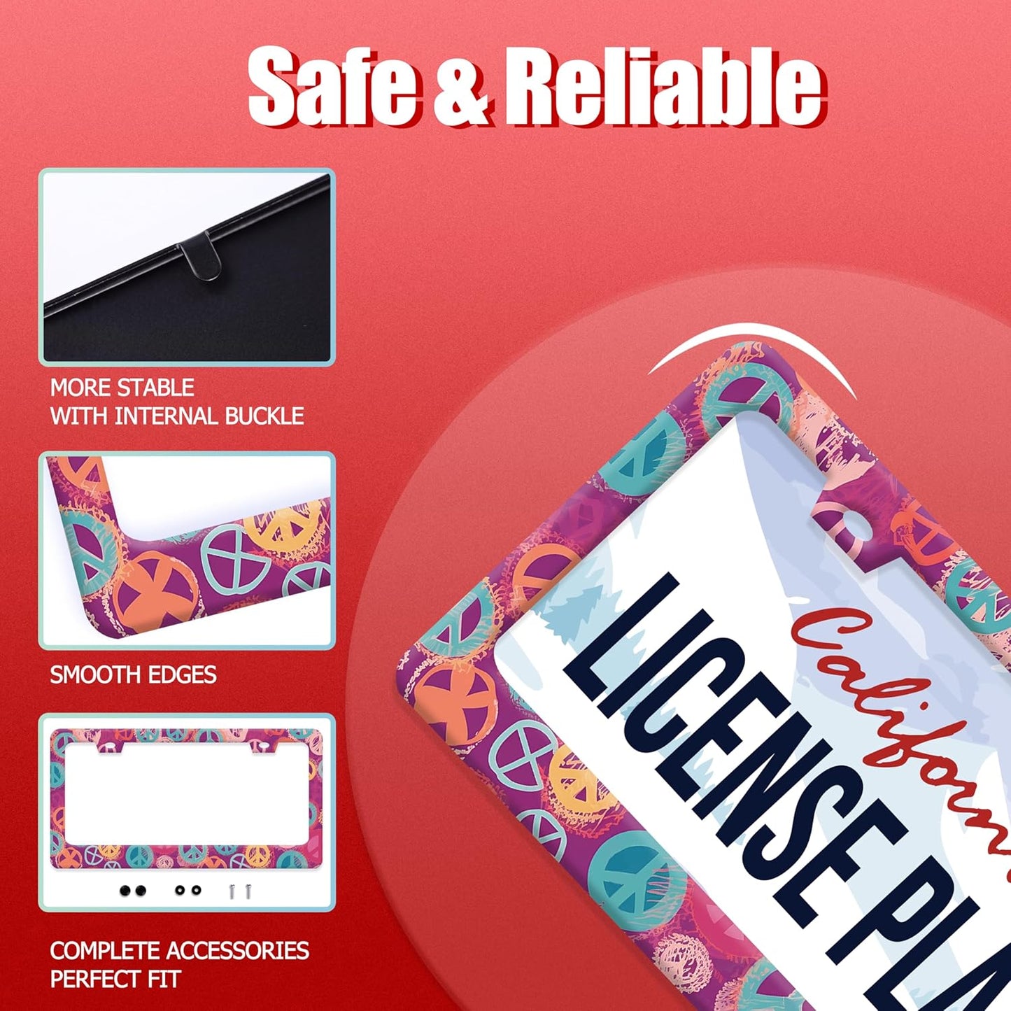 Groovy Hippie Peace Sign License Plate Frame Pink License Plate Frames Stainless Steel Accessories Cars Decor with 2 Holes and Screws Fits Standard US CA Vehicles Size 12.2 x 6 Inches