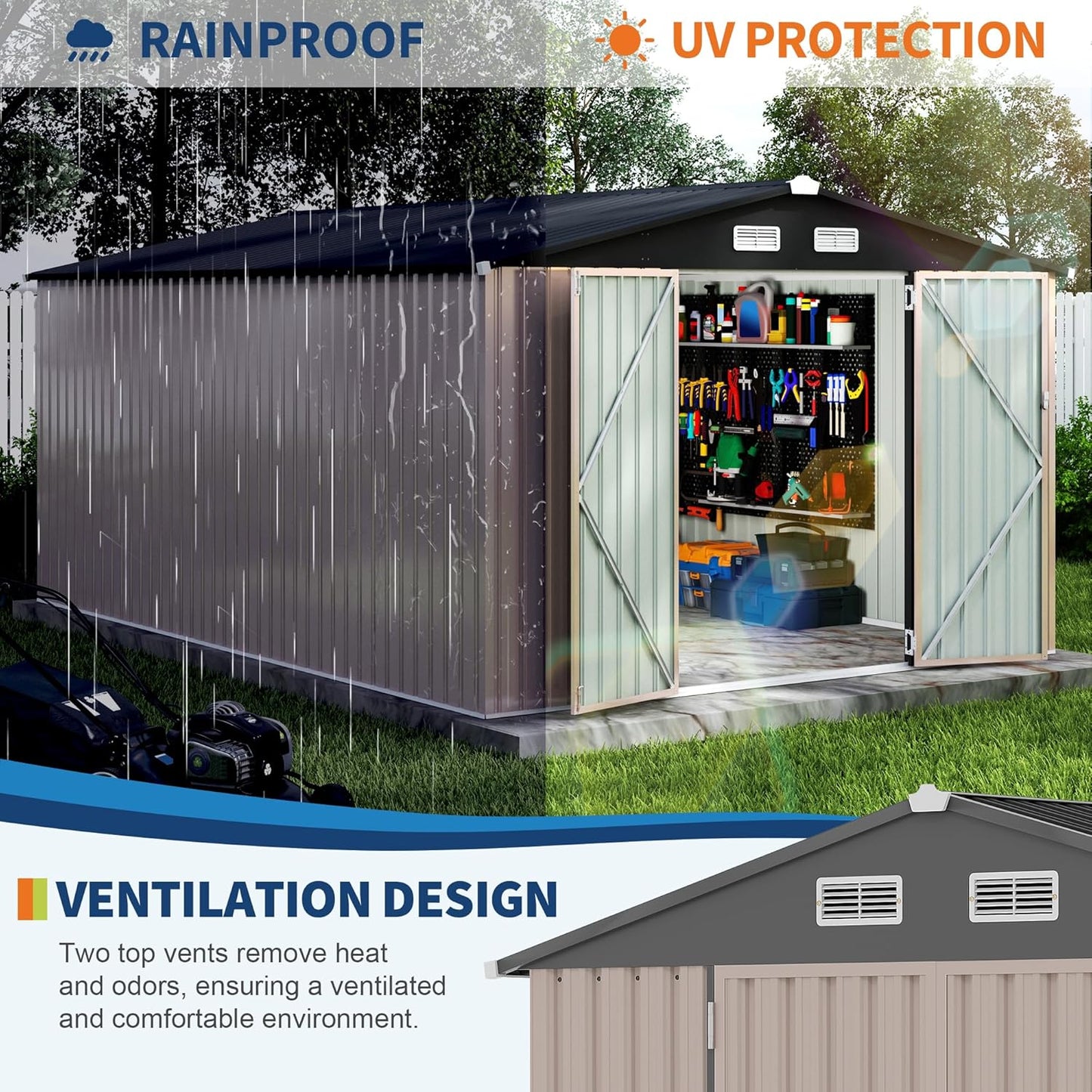 10x14 FT Metal Storage Sheds Outdoor, Metal ToolShed with Lockable Door, Metals Yard Sheds Metals Garden Shed Kit, MetalUtility Sheds Buildings with Air Vent for Backyard Garden Patio Lawn