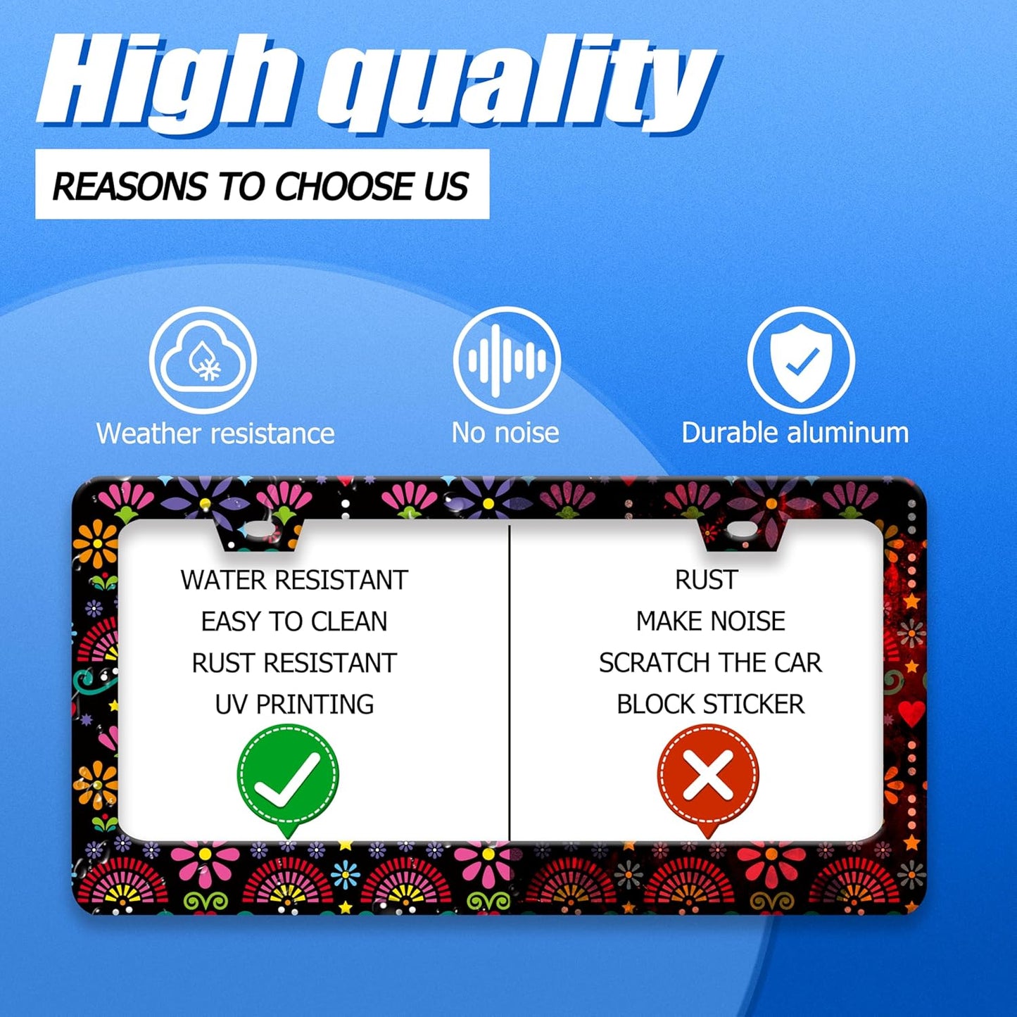 Folk Flowers Vintage Floral License Plate Frame Flower License Plate Stainless Steel Funny License Plate Holder for Men Women Universal Colorful Car Accessories Decoration 12.3" x 6.3"