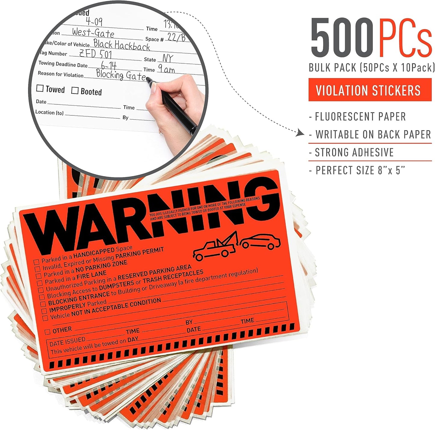 Easykart 500 Parking Violation Notice Stickers - Tow Warning Labels for Car Vehicle Private Parking - Adhesive Window Fluorescent Labels (10 Pack)