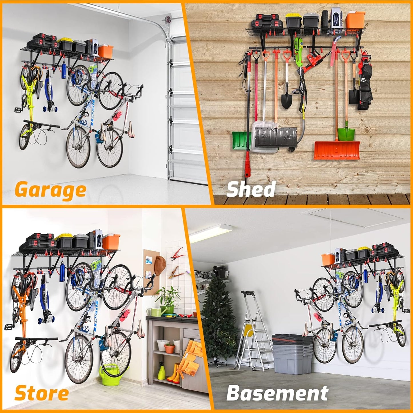 PLKOW Garage Wall Shelving 4-Pack Includes Bike Hooks, Sturdy Adjustable Garage Shelving Wall Mount Garage Wall Organizer (Black, 4-Pack)