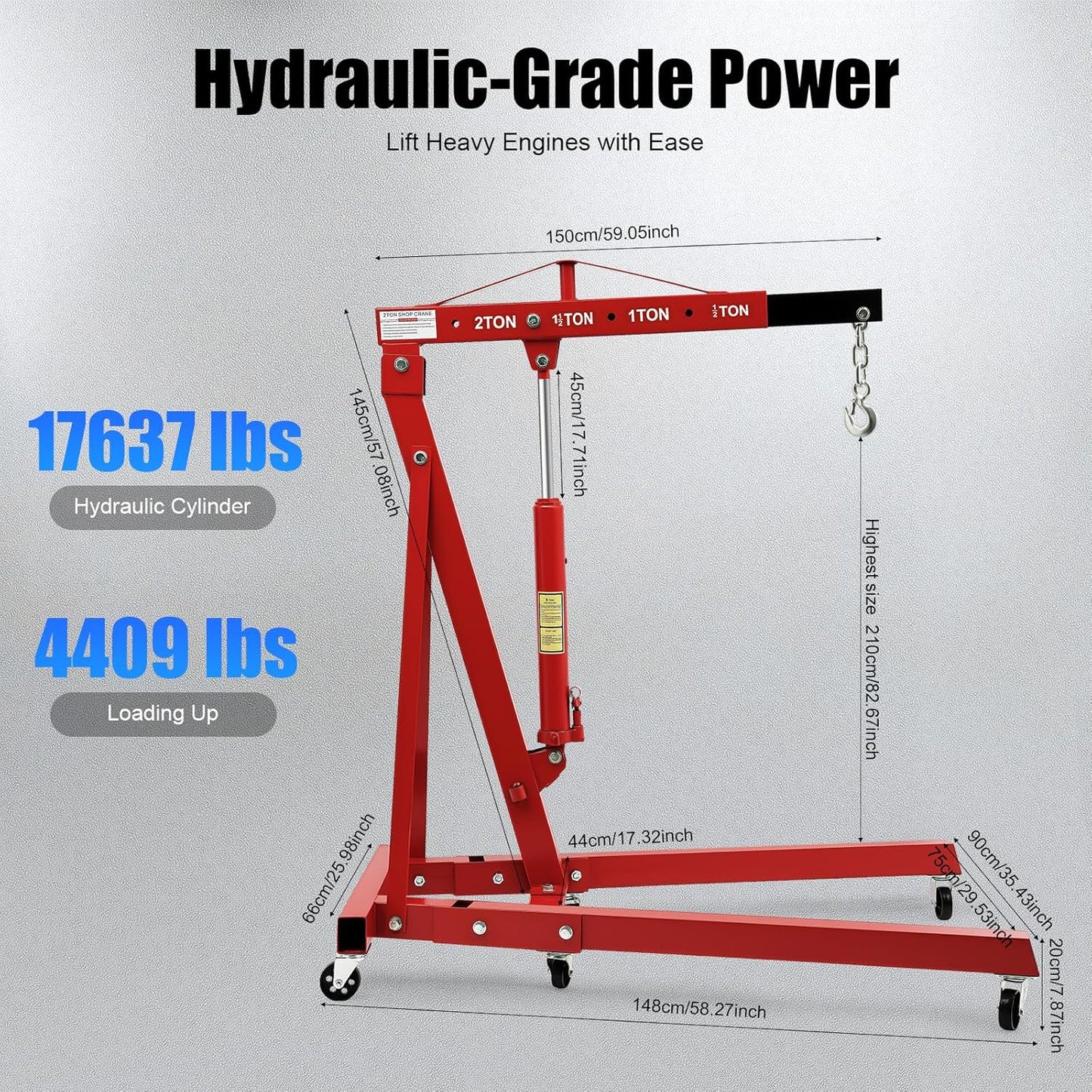 2 Ton Engine Hoist, Folding Hydraulic Engine Crane Red, Heavy Duty Cherry Picker Engine Crane, Four Adjustable Positions, Adjustable Load Arm & 6 Iron Caster Wheels for Garage, Workshop
