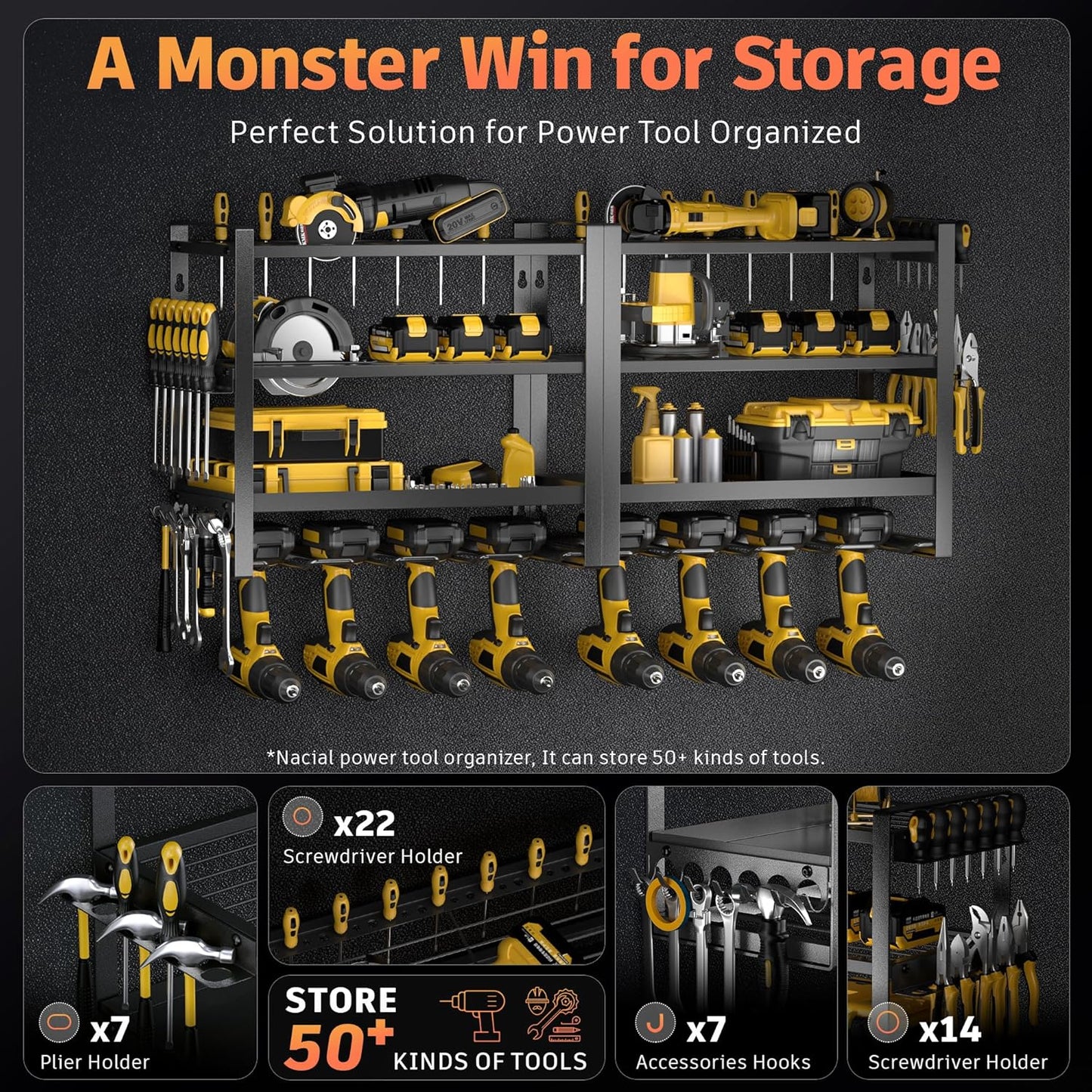 Power Tool Organizer Wall Mount, 4 Layer Drill Holder Wall Mount, Heavy Duty Metal Tool Shelf, Garage Tool Organizers and Storage Rack,Utility Storage Rack for Cordless Drill Charging Station-Black