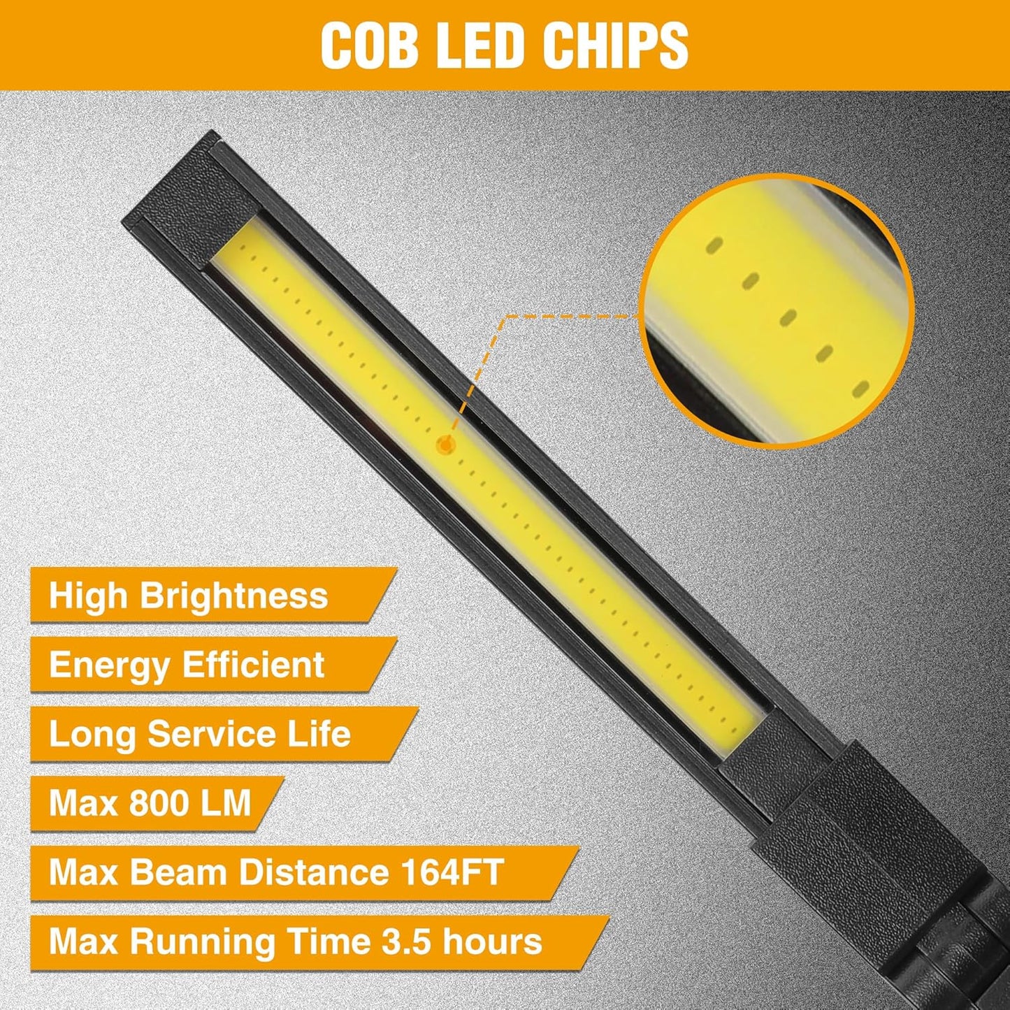 EverBrite LED Rechargeable Work Light, 800LM COB Foldable Flashlight, Magnetic Work Lights with Hanging Hook, 360° & 270° Rotation, 4 Power Indicator Lights - for Car Repair, Home, Emergency