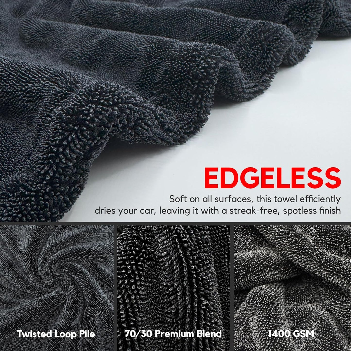 Extra Large Car Drying Towel - 1400 GSM Edgeless Twisted Loop Design - 70/30 Blend Microfiber Towels for Cars, Trucks, SUVs - Superior Absorption, Streak-Free - 24" x 36", Black