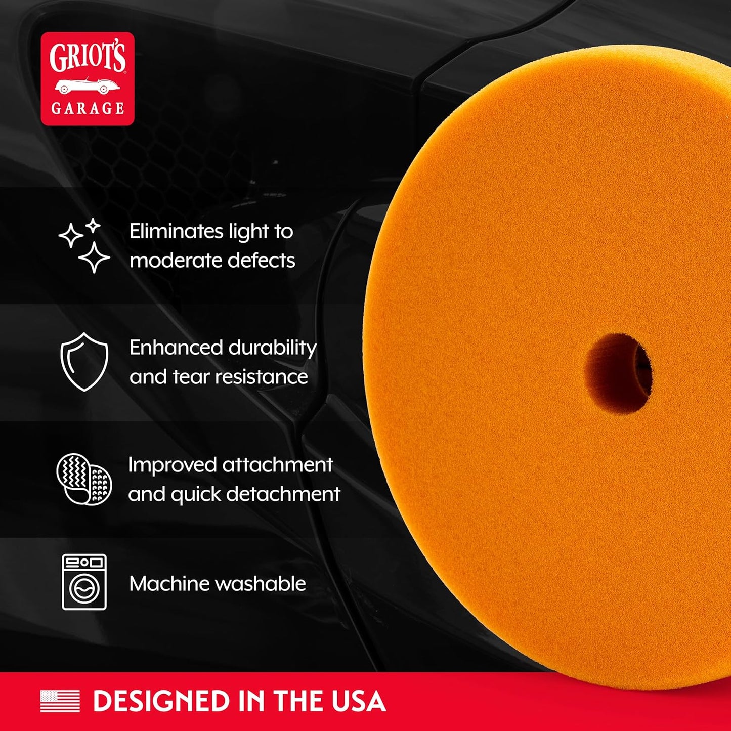 Griot's Garage Orange Foam Correcting Pads for Car Polishing and Detailing, Removes Light to Moderate Paint Defects, Durable, Machine-Washable, 10617, 6.5", Set of 2