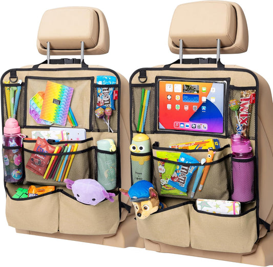 Helteko Backseat Car Organizer, Kick Mats Back Seat Protector with Touch Screen Tablet Holder, Back Seat Organizer for Kids with 9 Storage Pockets, Travel Accessories (2 Pack, Beige)