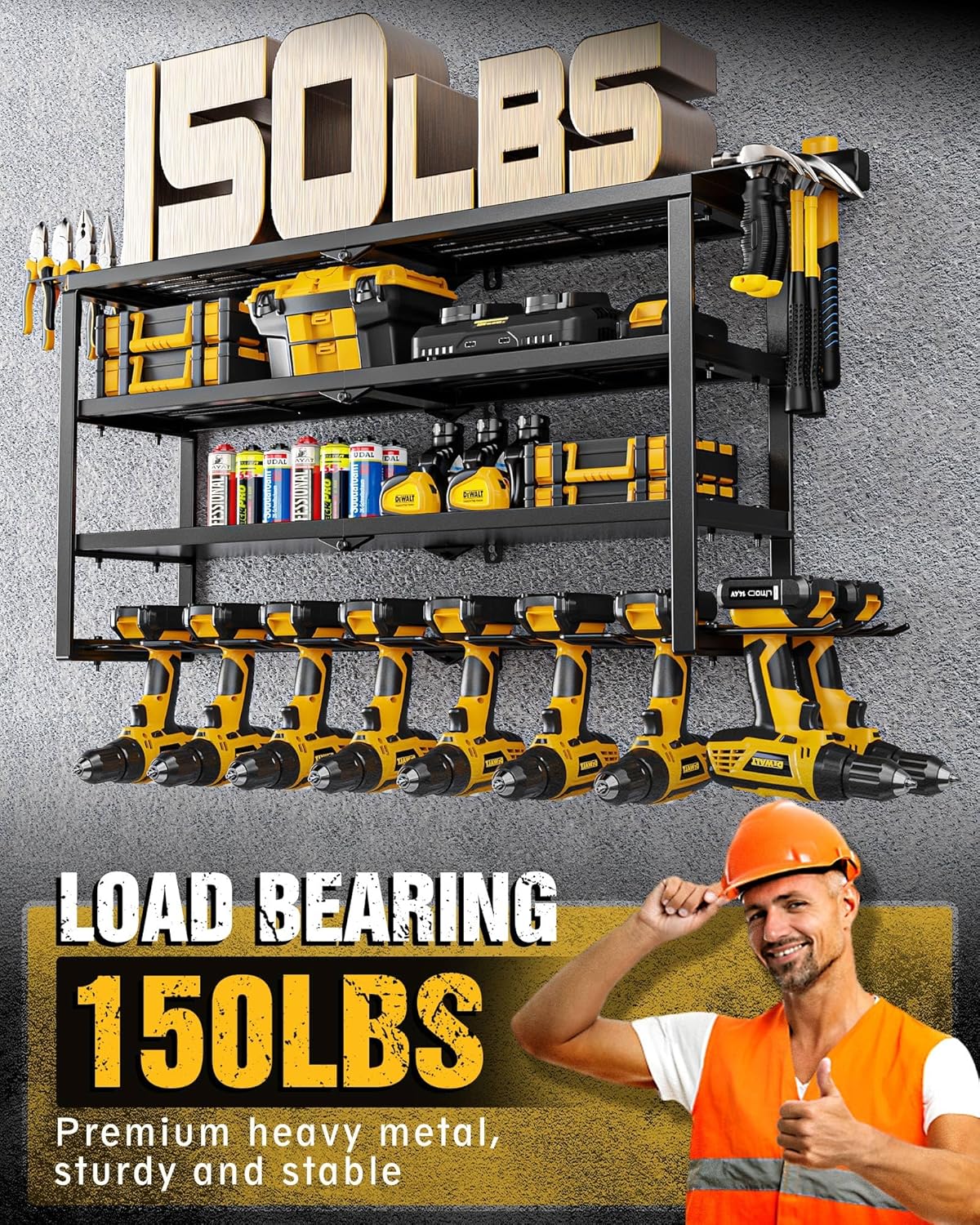 MAXIFFE 4 Layer Power Tool Organizer, 9 Drill Holder Heavy Duty Metal Wall Mount Cordless Tool Organizers and Storage Rack Holder for Garage Workshop Pegboard, Gifts for Men, Black, 32 inch