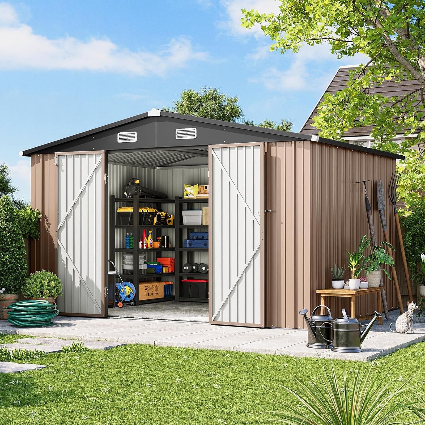 10x8 FT Outdoor Storage Shed with Lockable Double Doors & Loping Roof, Outdoor Metal Shed for Bike, Tool, Generator Storage in Backyard, Patio (10’x8’)