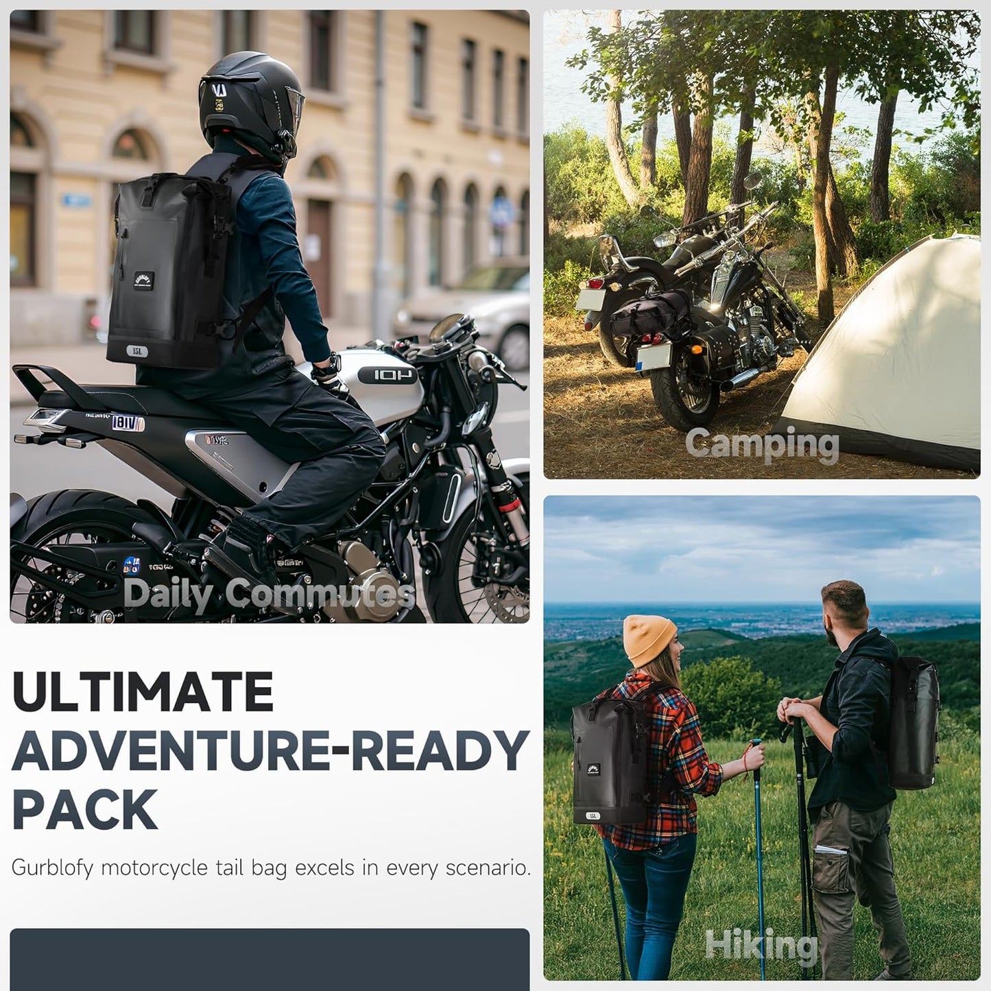 Motorcycle Tail Bag, 15L Waterproof Motorcycle Saddle Bag, 2 Size and 3 Color Options Travel Bag, PVC Luggage Bag, Rear Seat Bag, Classic Black GT-15BL