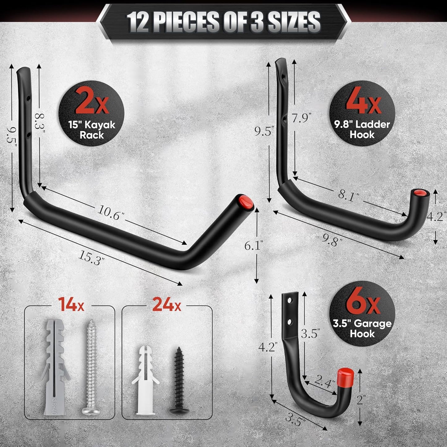 Nacial 12 Pack Garage Hooks Heavy Duty, 15" & 9.8" & 3.5" Kayak Storage Hook with EVA Pads, 100LBS Capacity Garage Hooks for Hanging Bikes, Kayak Folding Chairs and Hanging Ladders