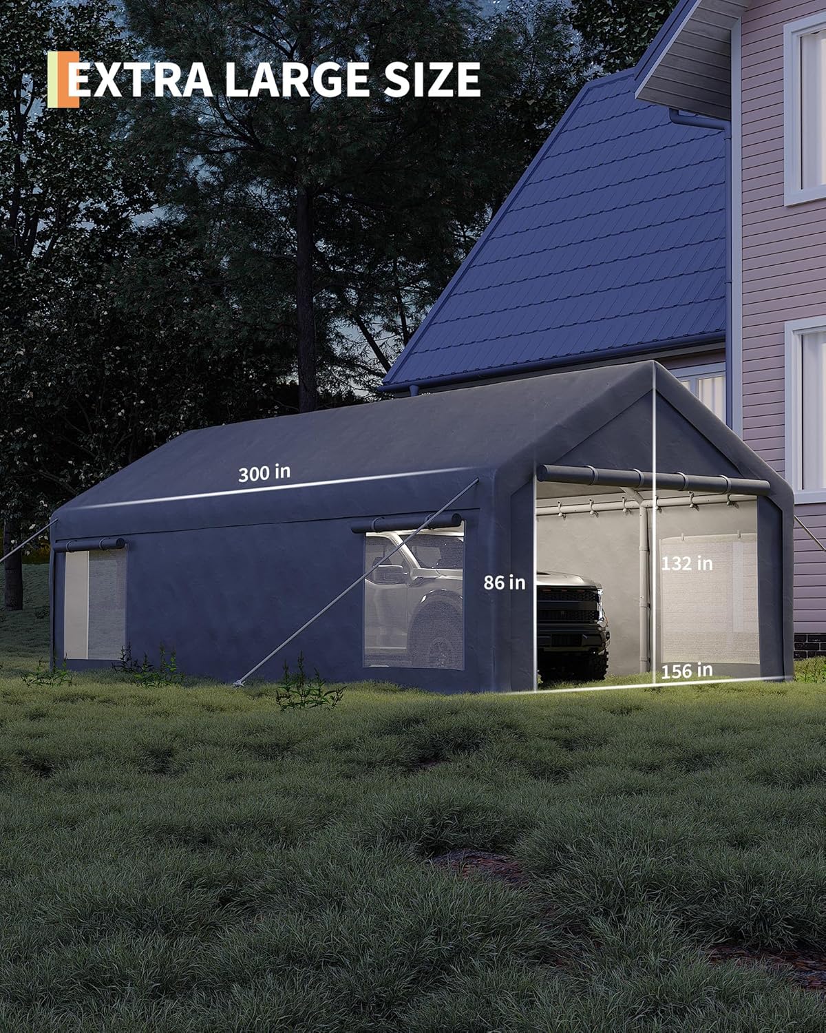 13x25 Ft Carport with 10 Sandbags, Car Port with 220g PE Tarp, 2 Roll-Up Doors, and 4 Windows, for Full-Size Pickups, Bass Boats, Tractors, and SUVs, Gray