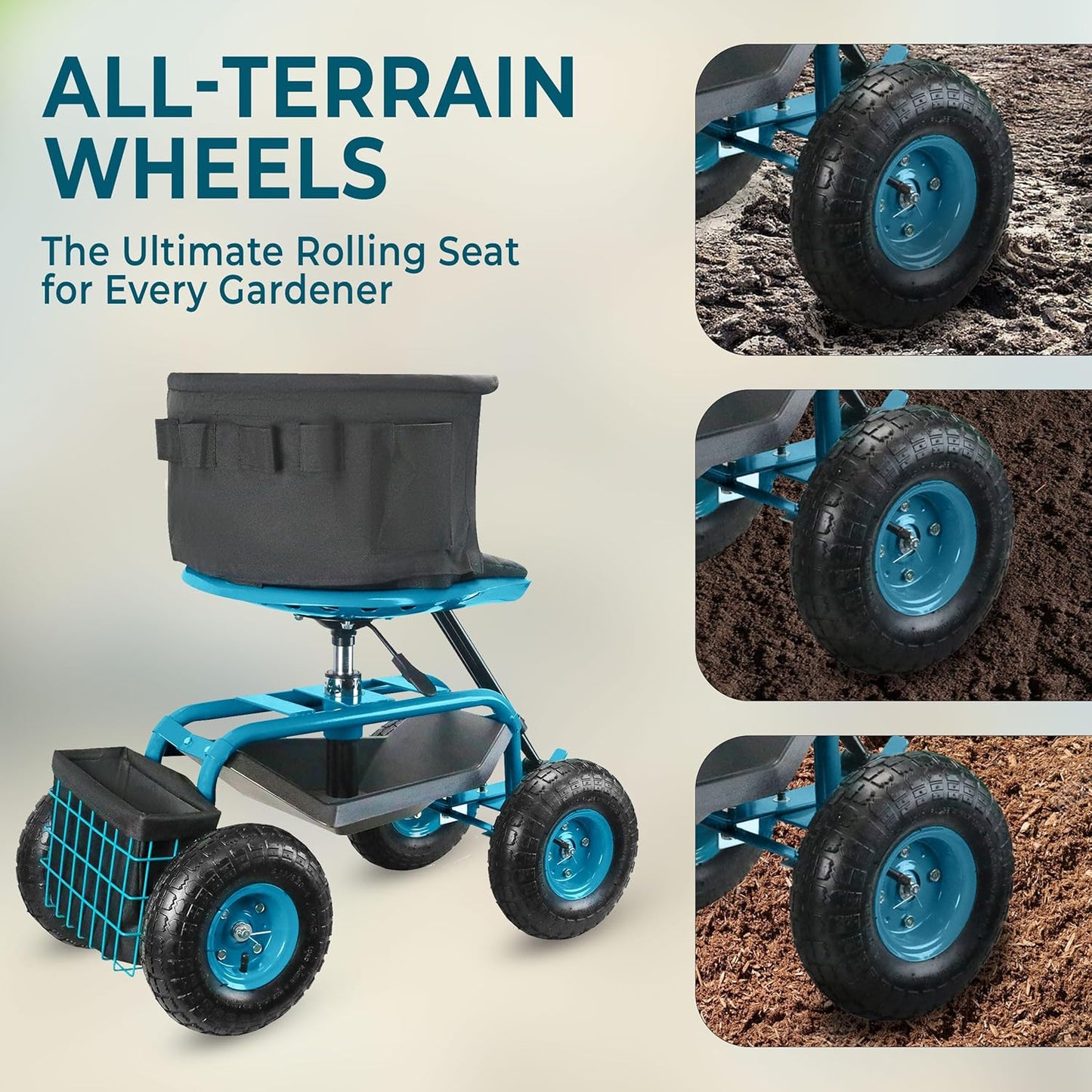 Garden Seat with Wheels – Adjustable 360° Swivel Gardening Stool with Hydraulic Height Adjustment, Ergonomic Backrest, and Tool Storage – Rolling Stool for Garden, Yard, and Outdoor Use