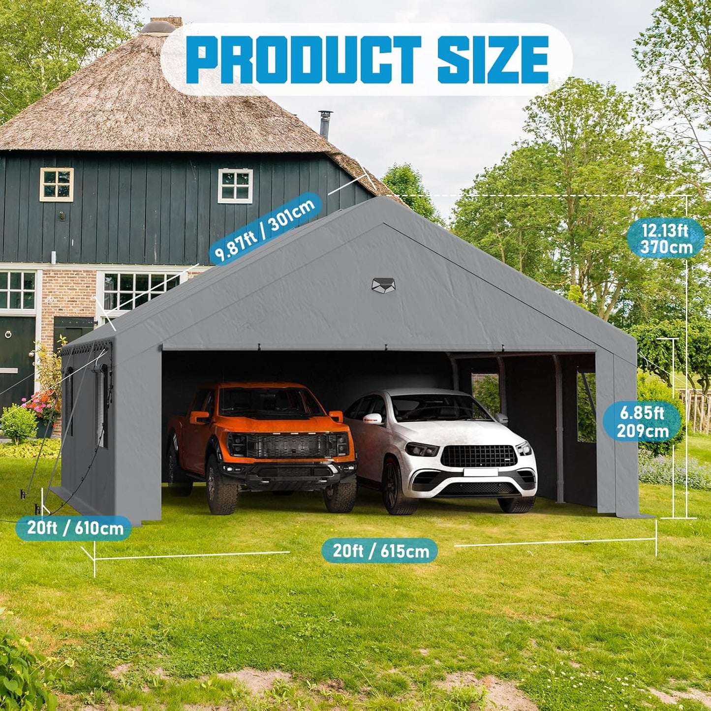 20x20 Carport, Heavy Duty Carport Canopy Garage with Removable Sidewalls and Drive Through Roll Up Zipper Doors, Grey