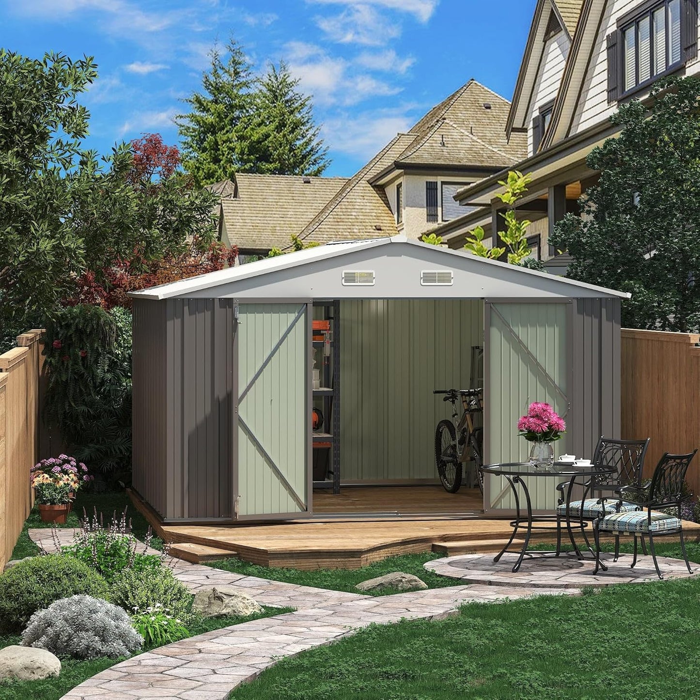 Greesum 10×8FT Outdoor Storage Shed, Metal Patio Storaged Sheds with Lockable Doors, Sheds & Outdoor Storage for Bike, Backyard, Pool and Garden, Gray