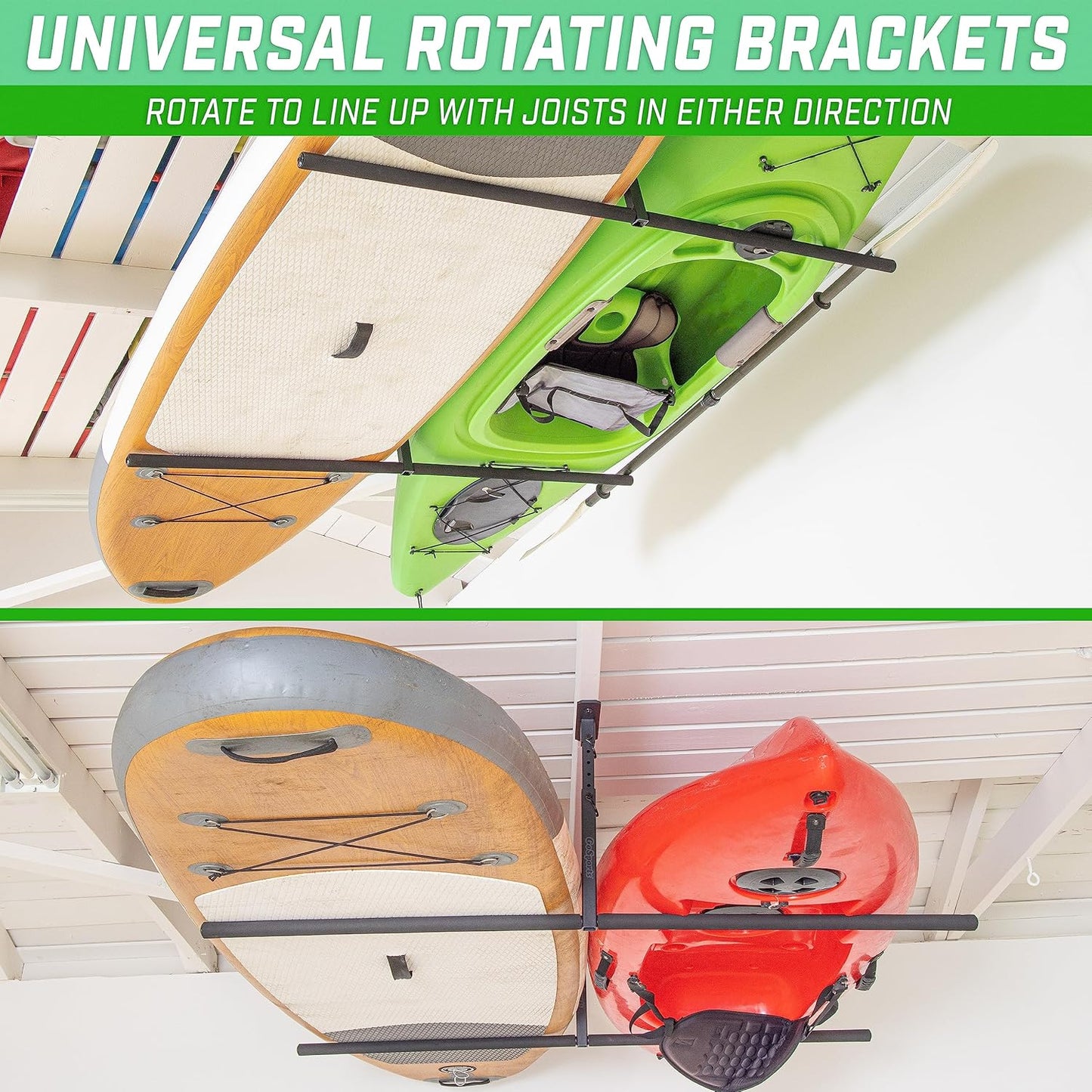 GoSports Kayak Rack for Garage Ceiling Mount - Adjustable Storage Hangers for 2 Kayaks, SUPs, or Surfboards
