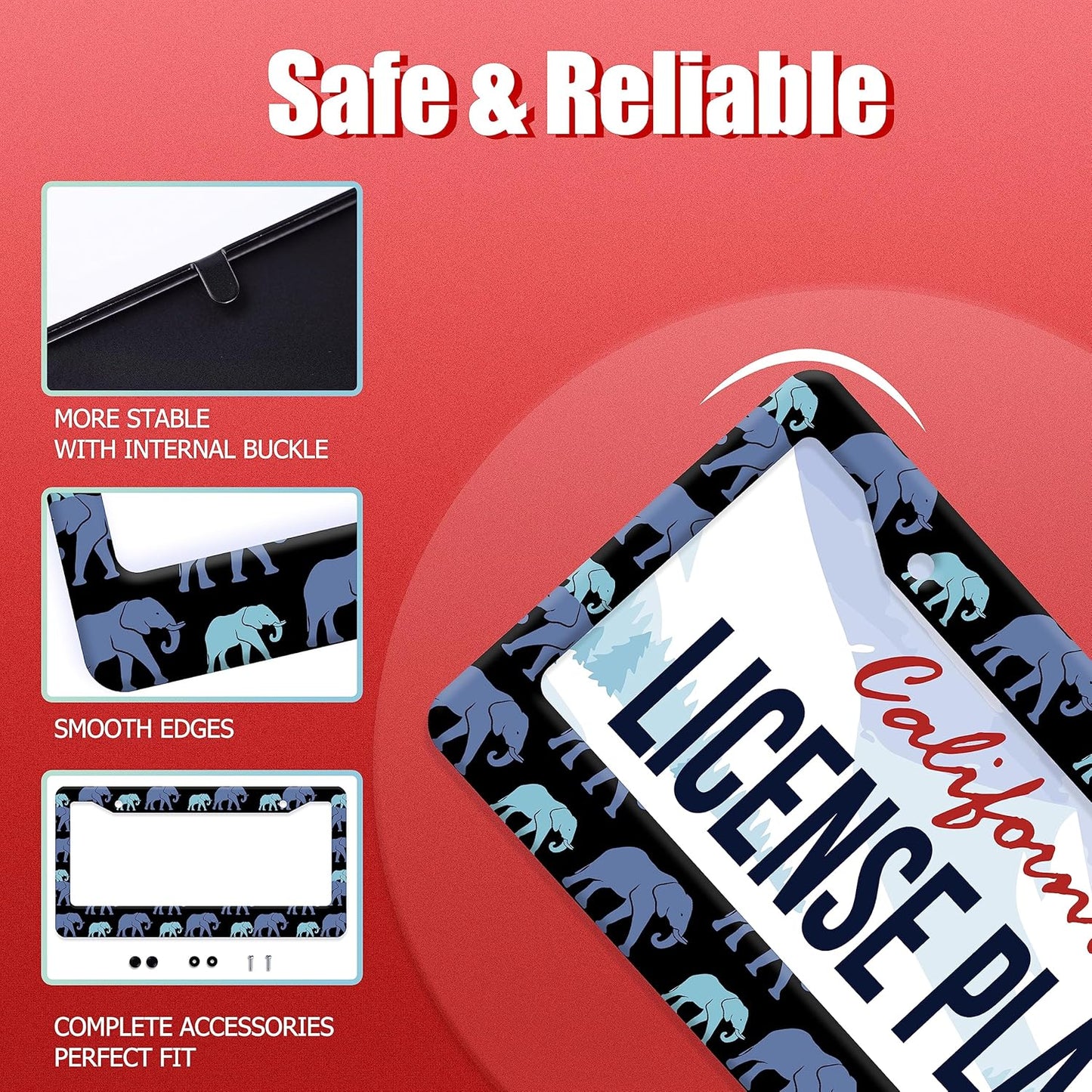 Elephant Family License Plate Frame Animal License Plate Stainless Steel Parts Colorful License Plate Decorative with Screws Size 12.3" x 6.3" Men Women