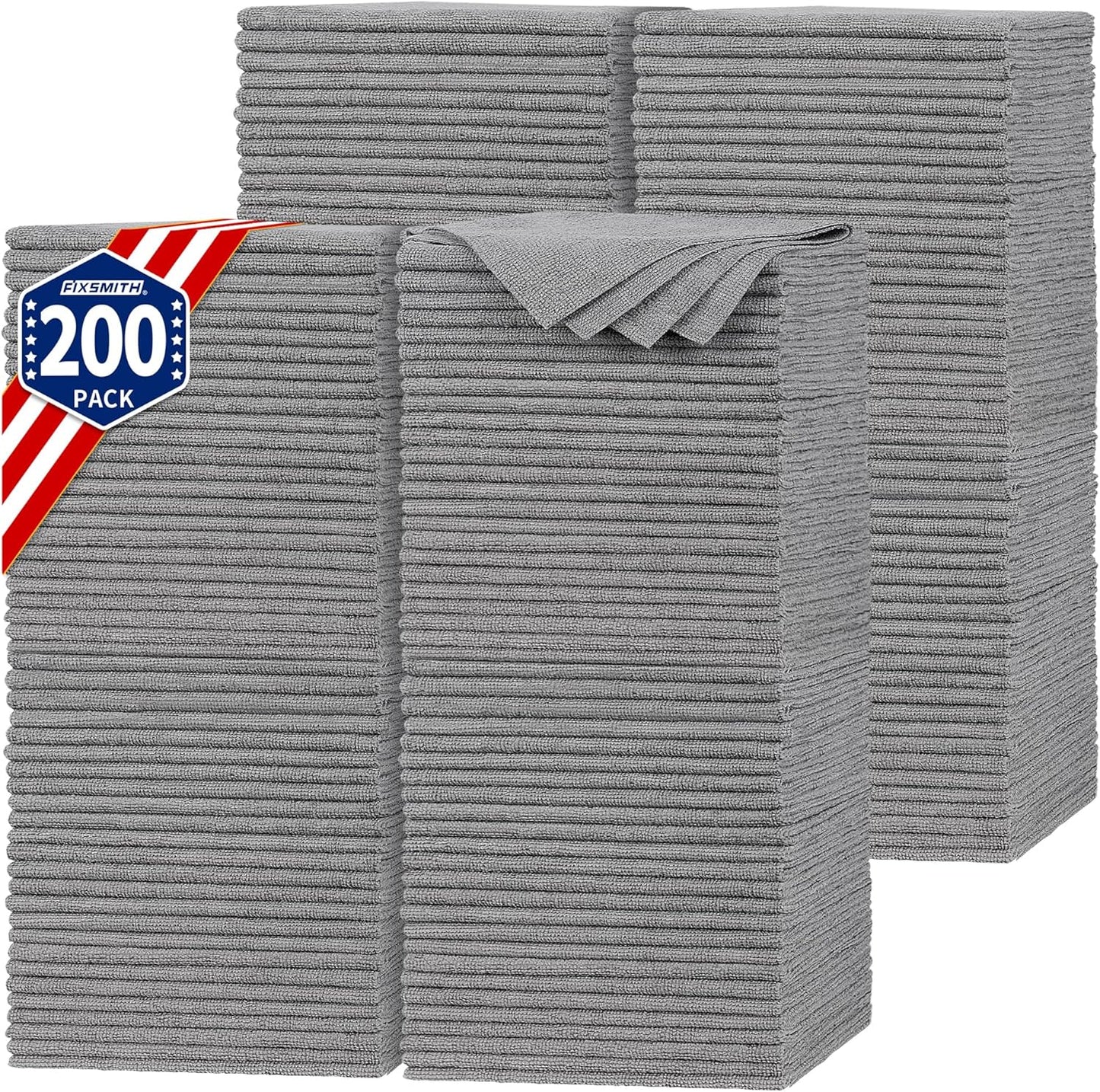 FIXSMITH Shop Towels, Pack of 200, Grey Microfiber Cleaning Cloth Bulk, Microfiber Towels for Cars, All-Purpose Absorbent Cleaning Rags, Dust Cloth for Automotive, Mechanic, Garage, 11.5 x 11.5 inch